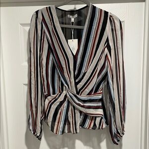 NEW | JOIE Mianna Striped V Neck Faux Wrap‎ Long Sleeve 100% Silk Blouse Small